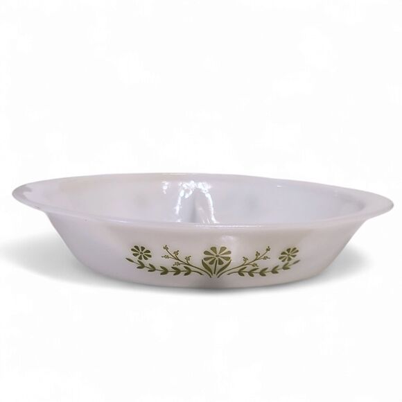 Vintage Glasbake Divided Casserole Serving Dish – White with Green Daisy Pattern - Picture 1 of 8